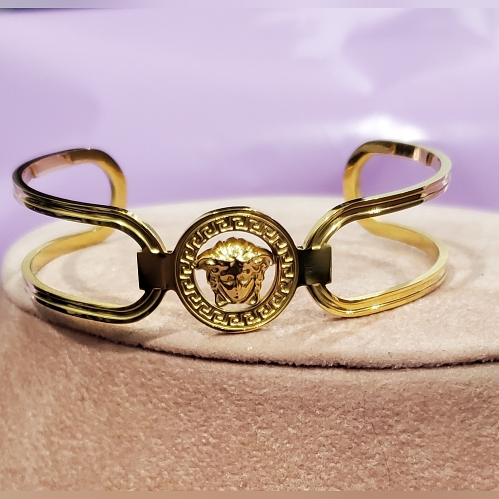 Gold Medallion Cuff Bracelet with Medusa Motif Stainless Steel